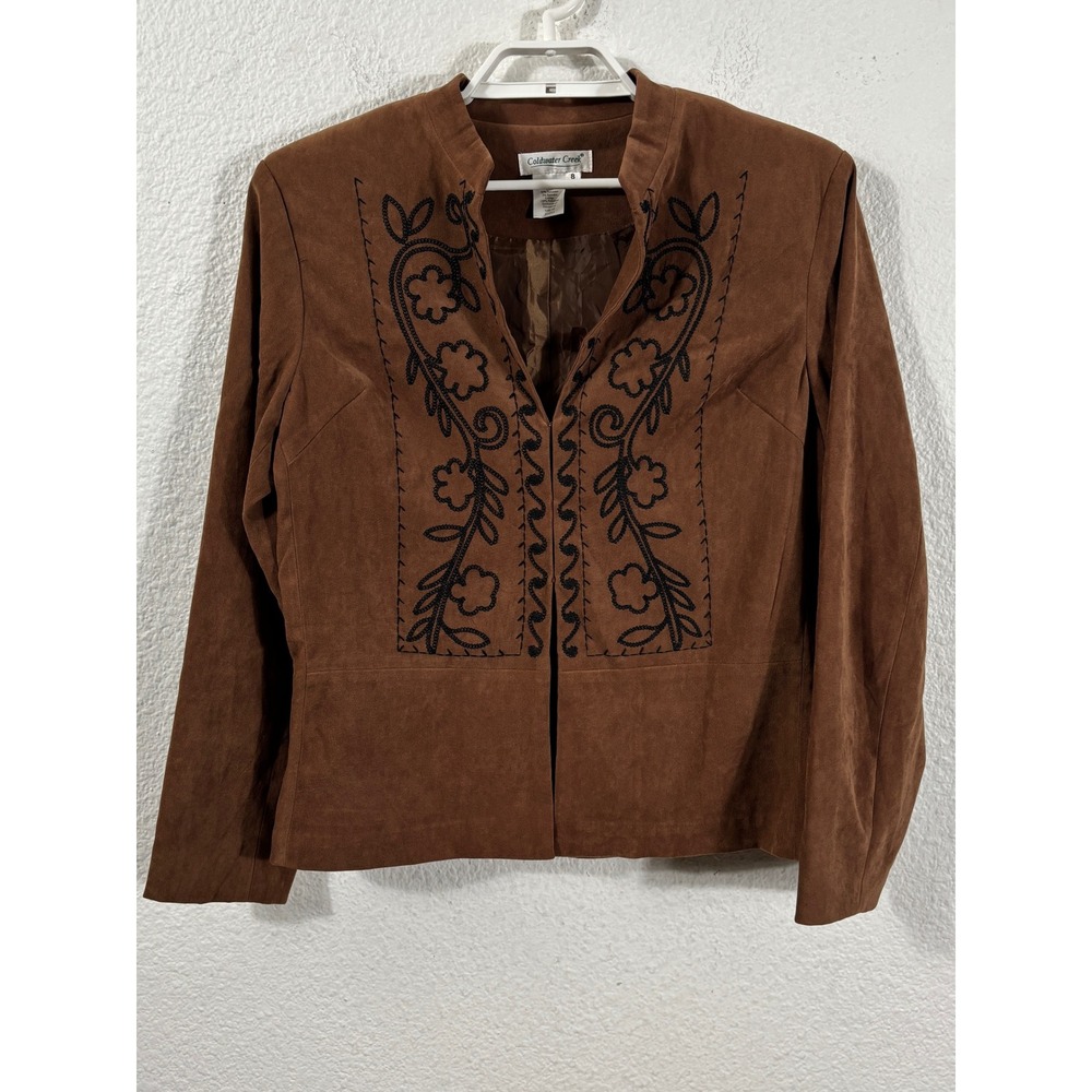 Coldwater Creek Jacket Blazer Size 8 Brown Embroidered Faux Suede Western